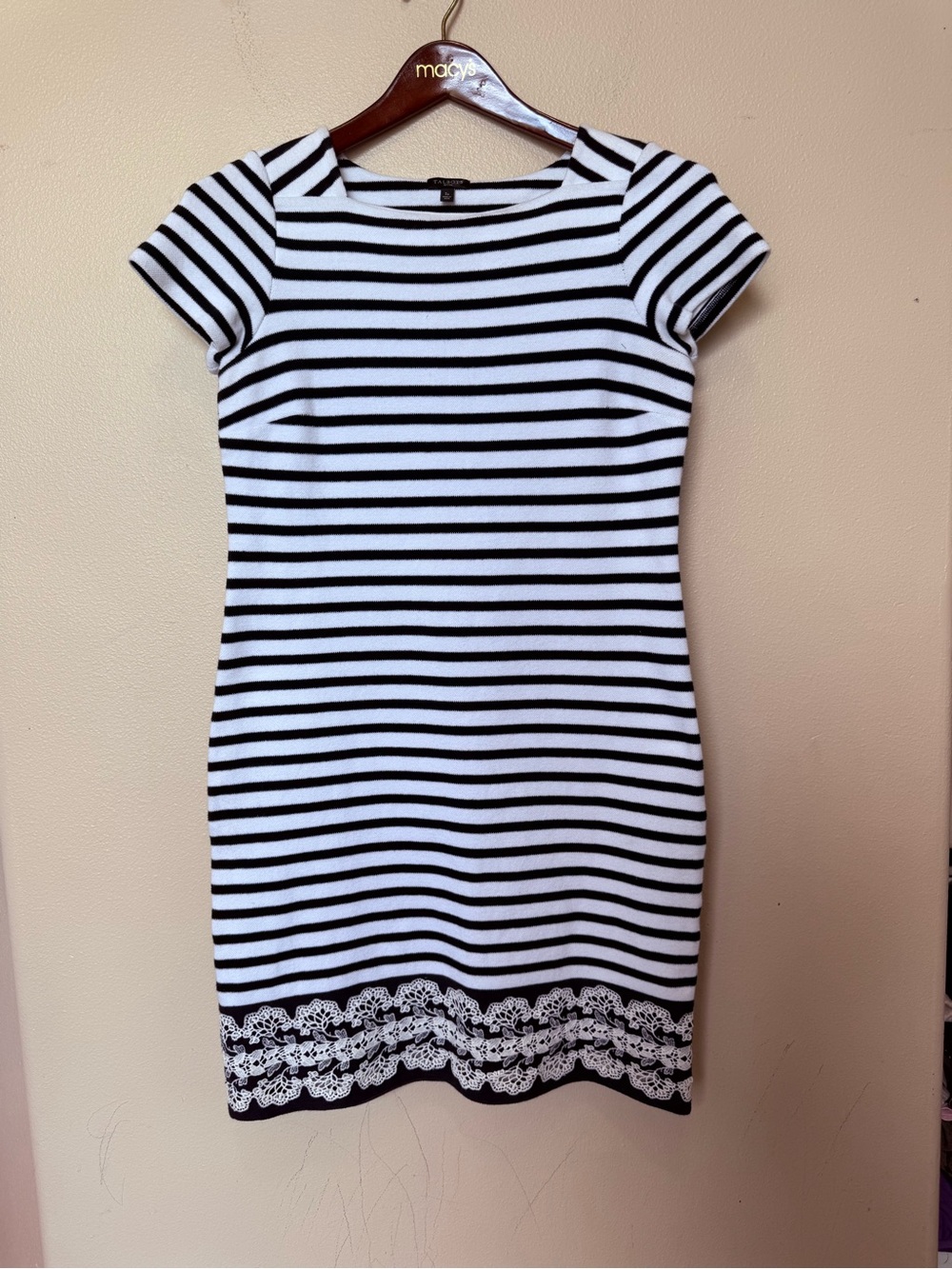 Talbots luxury cotton Navy blue and White Striped Lace-Hem Sheath Dress small p